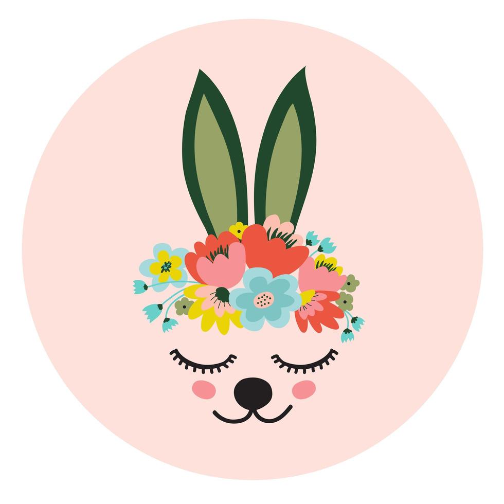 The face of a cute rabbit, a wreath of flowers on his head. Eyes closed and smiling. Vector illustration on a pink background