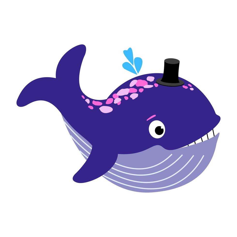 Cute character purple Whale blowing a fountain in hat. Protection of marine mammals for World Whale Day. Vector flat illustration for poster, banner, card, childrens book