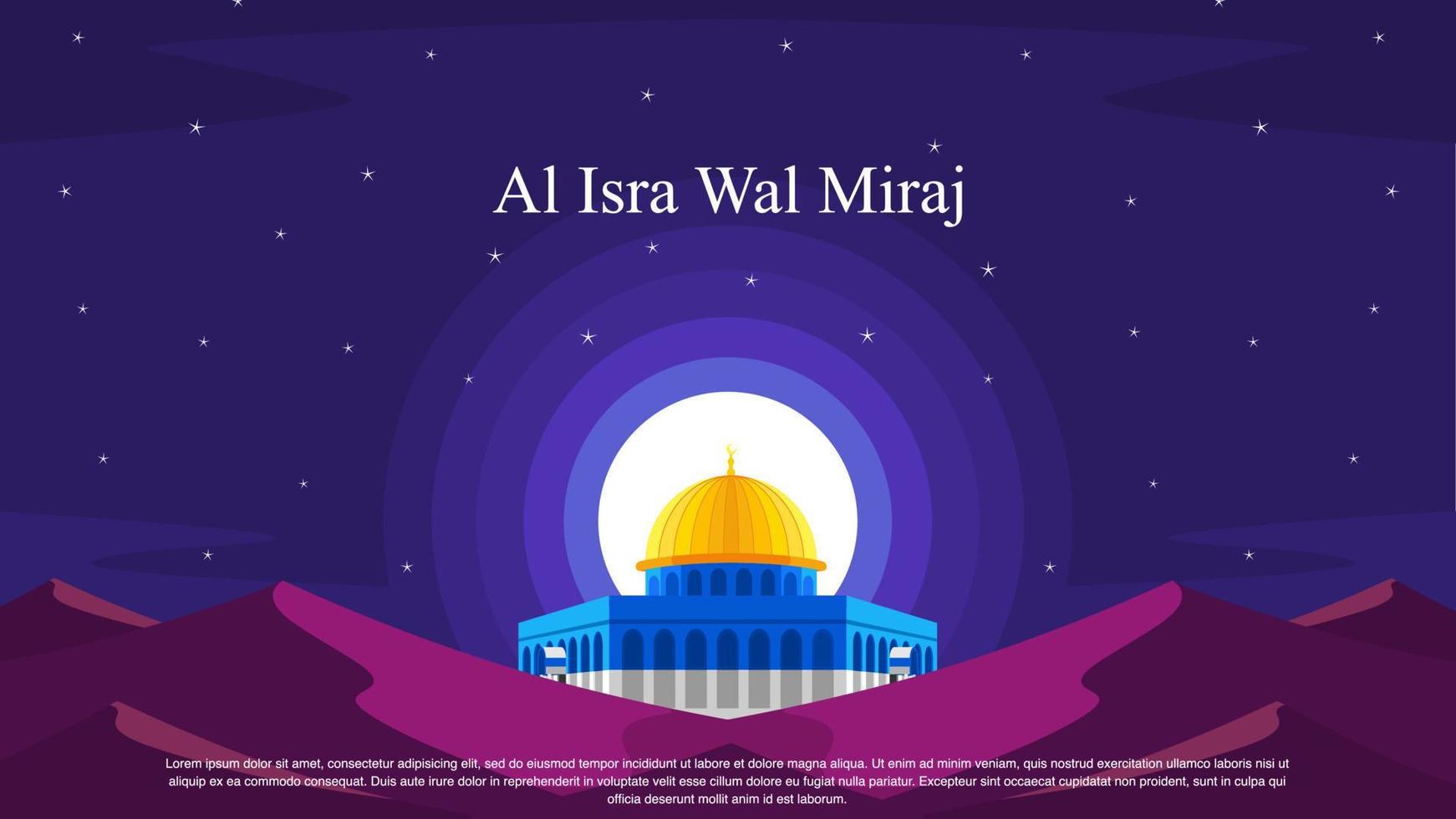 Islamic Background Design. Al-Isra wal Mi'raj means The night journey of Prophet Muhammad. Banner, Poster, Greeting Card. Vector Illustration.