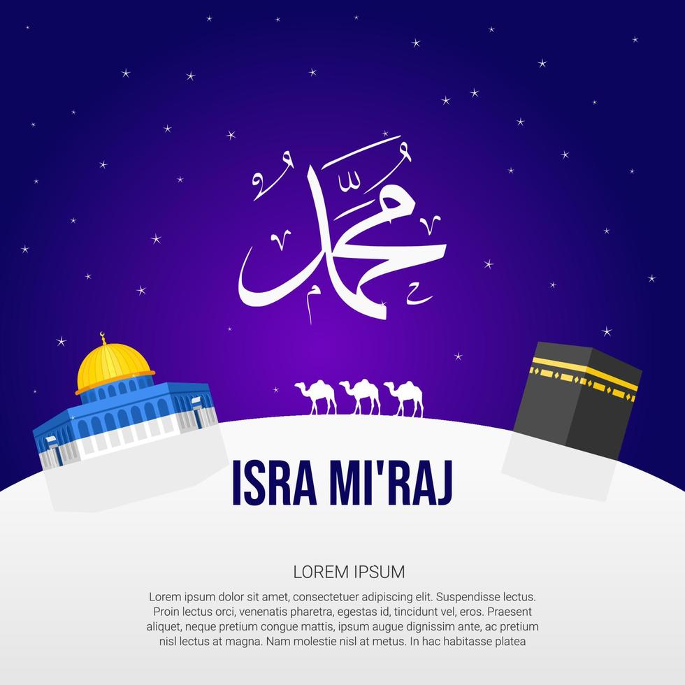 Islamic Background Design. Al-Isra wal Mi'raj means The night journey of Prophet Muhammad. Banner, Poster, Greeting Card. Vector Illustration.