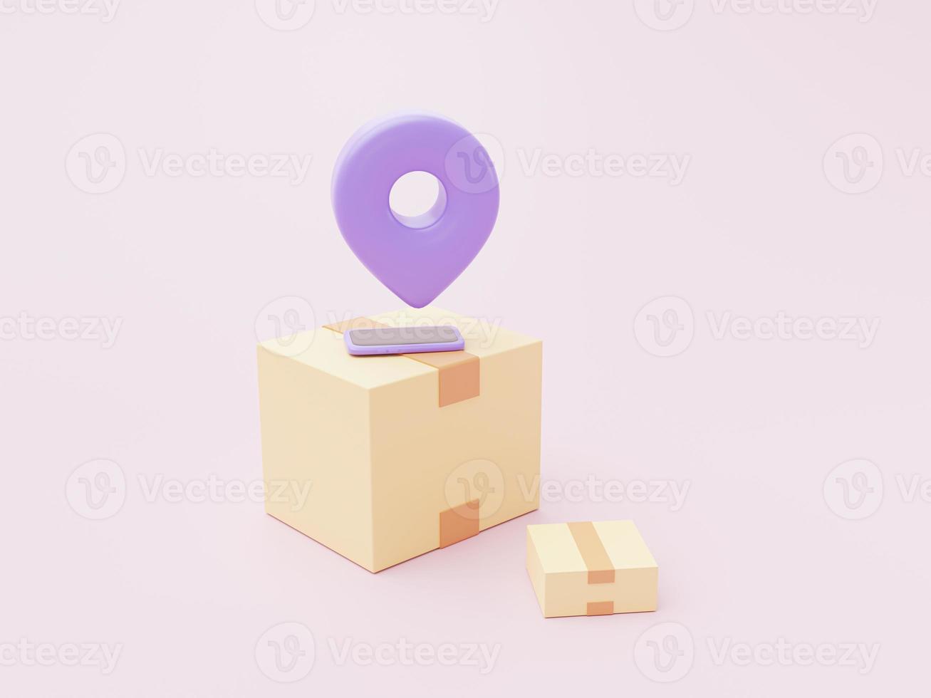 Cardboard box and smartphone has pin location icon or symbol cartoon online delivery transportation logistic concept cartoon illustration 3D rendering photo