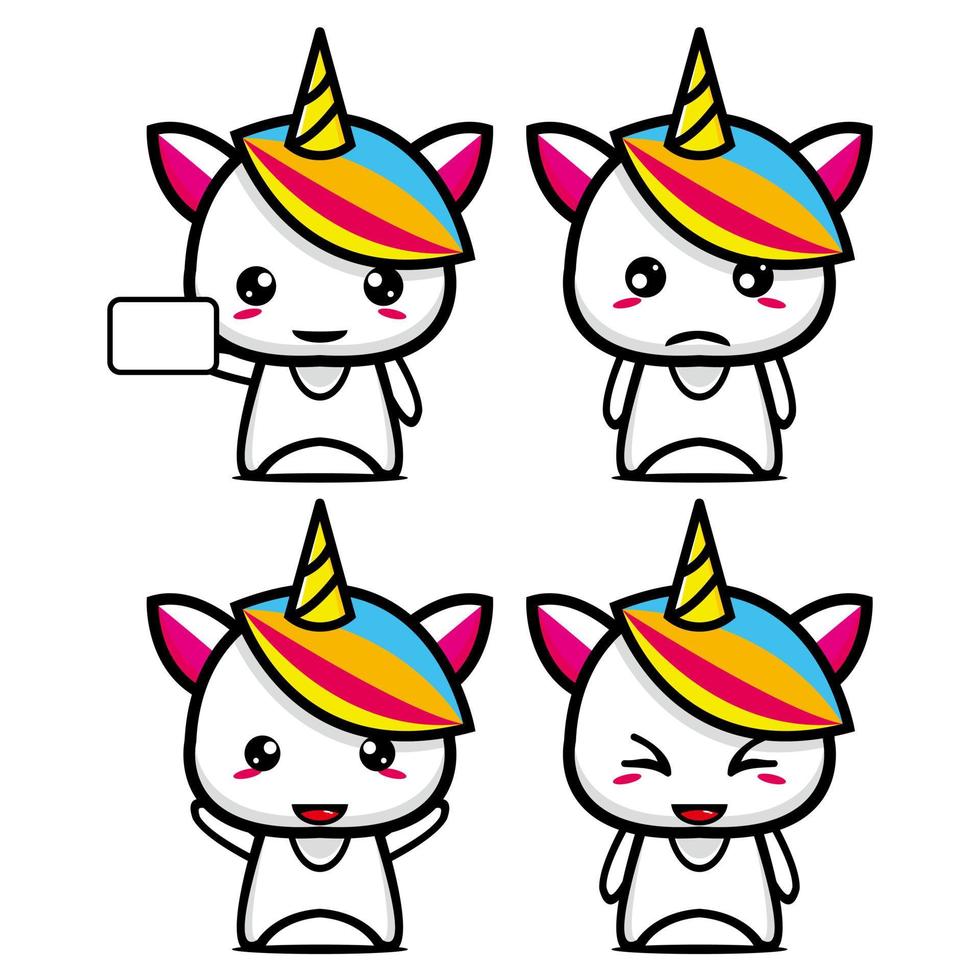 Set collection of cute unicorn mascot design character. Isolated on a white background. Cute character mascot logo idea bundle concept vector