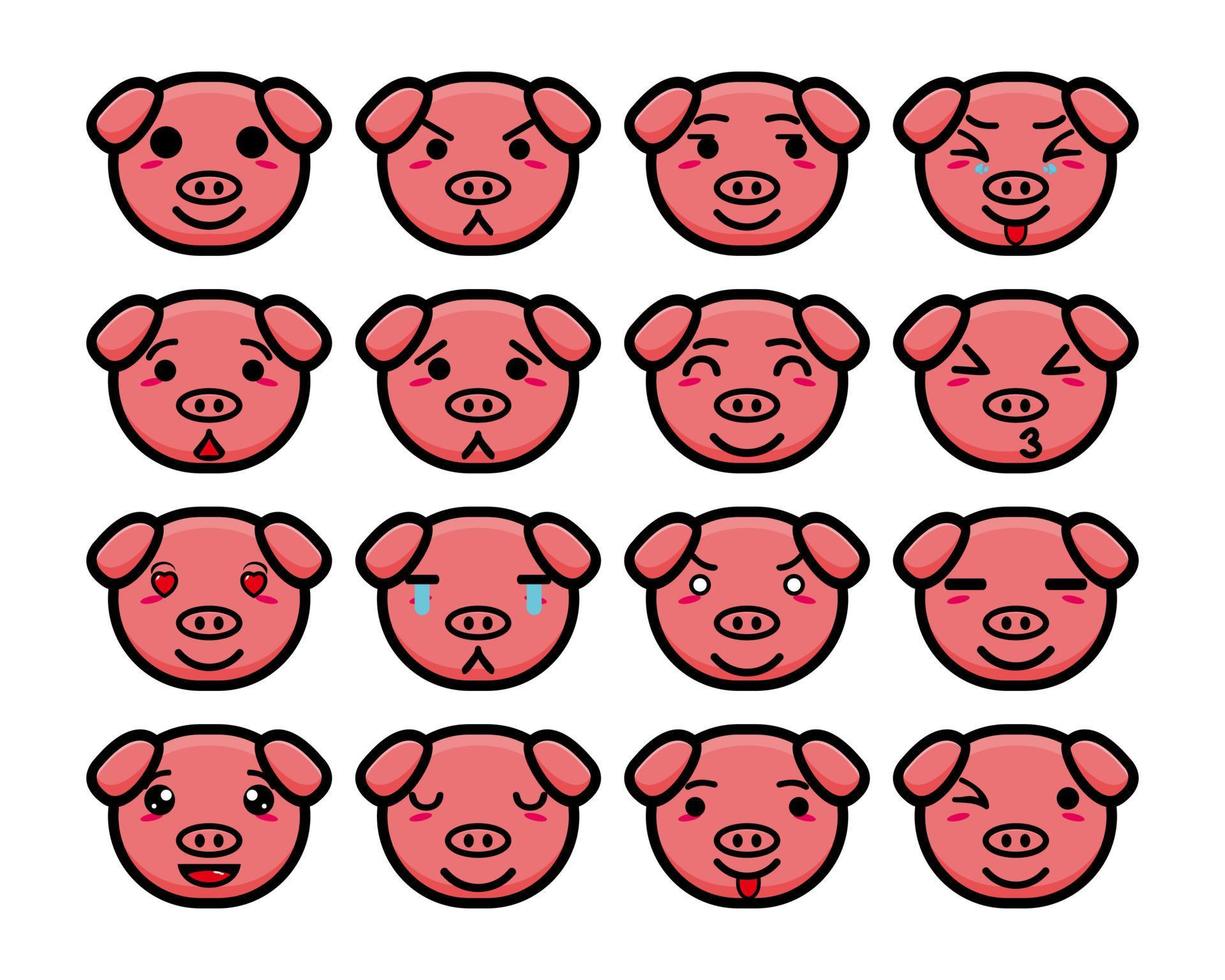 Set collection of cute head pig mascot design character. Isolated on a white background. Cute character mascot logo idea bundle concept vector
