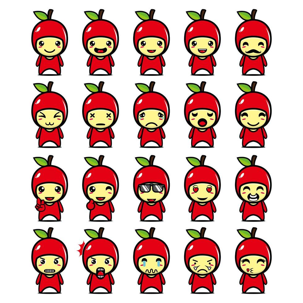 conjunto de colección de lindo personaje de diseño de mascota de manzana. Aislado en un fondo blanco. concepto de paquete de idea de logotipo de mascota de personaje lindo vector