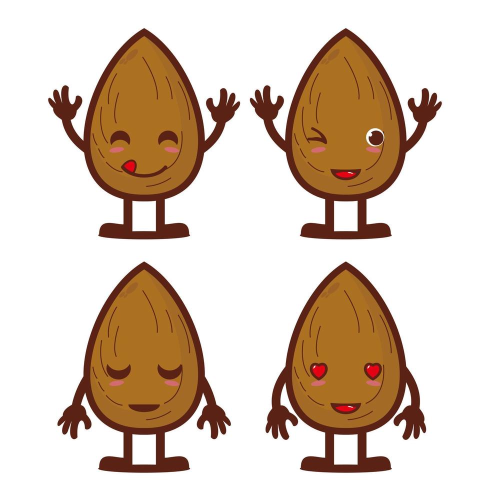 Set collection of cute almond mascot design character. Isolated on a white background. Cute character mascot logo idea bundle concept vector