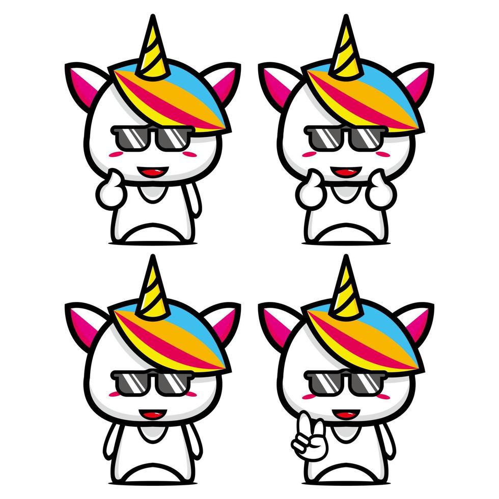 establecer una colección de adorables personajes de diseño de mascotas de unicornio. Aislado en un fondo blanco. concepto de paquete de idea de logotipo de mascota de personaje lindo vector