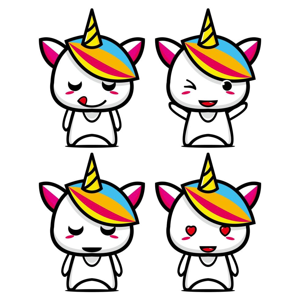 establecer una colección de adorables personajes de diseño de mascotas de unicornio. Aislado en un fondo blanco. concepto de paquete de idea de logotipo de mascota de personaje lindo vector