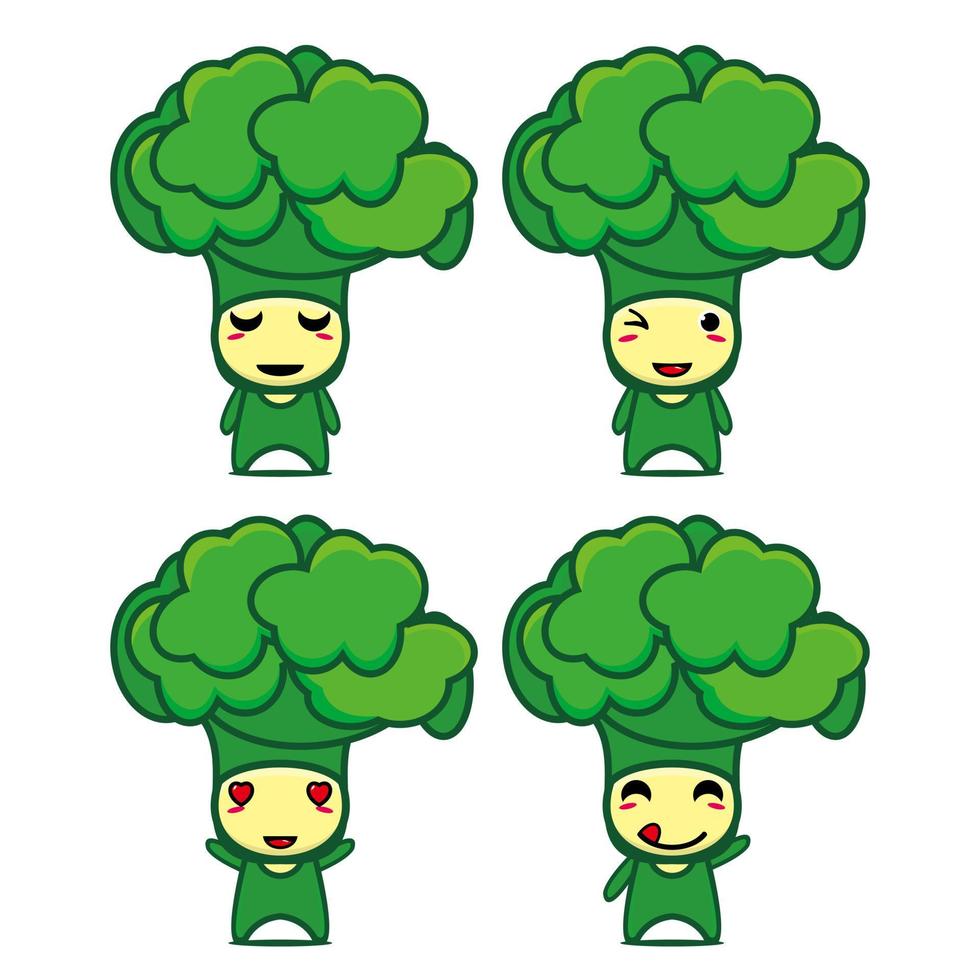 Set collection of cute broccoli mascot design character. Isolated on a white background. Cute character mascot logo idea bundle concept vector