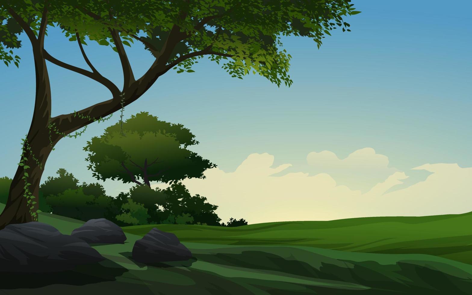 Grassland morning time landscape with trees and rocks vector