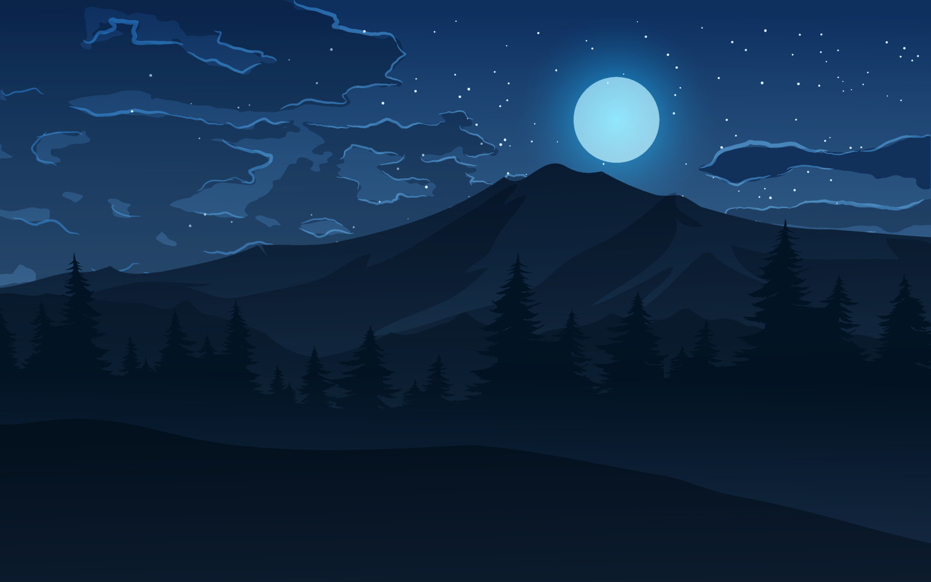 Night scene of mountain with full clouds, full moon and stars 5732459  Vector Art at Vecteezy