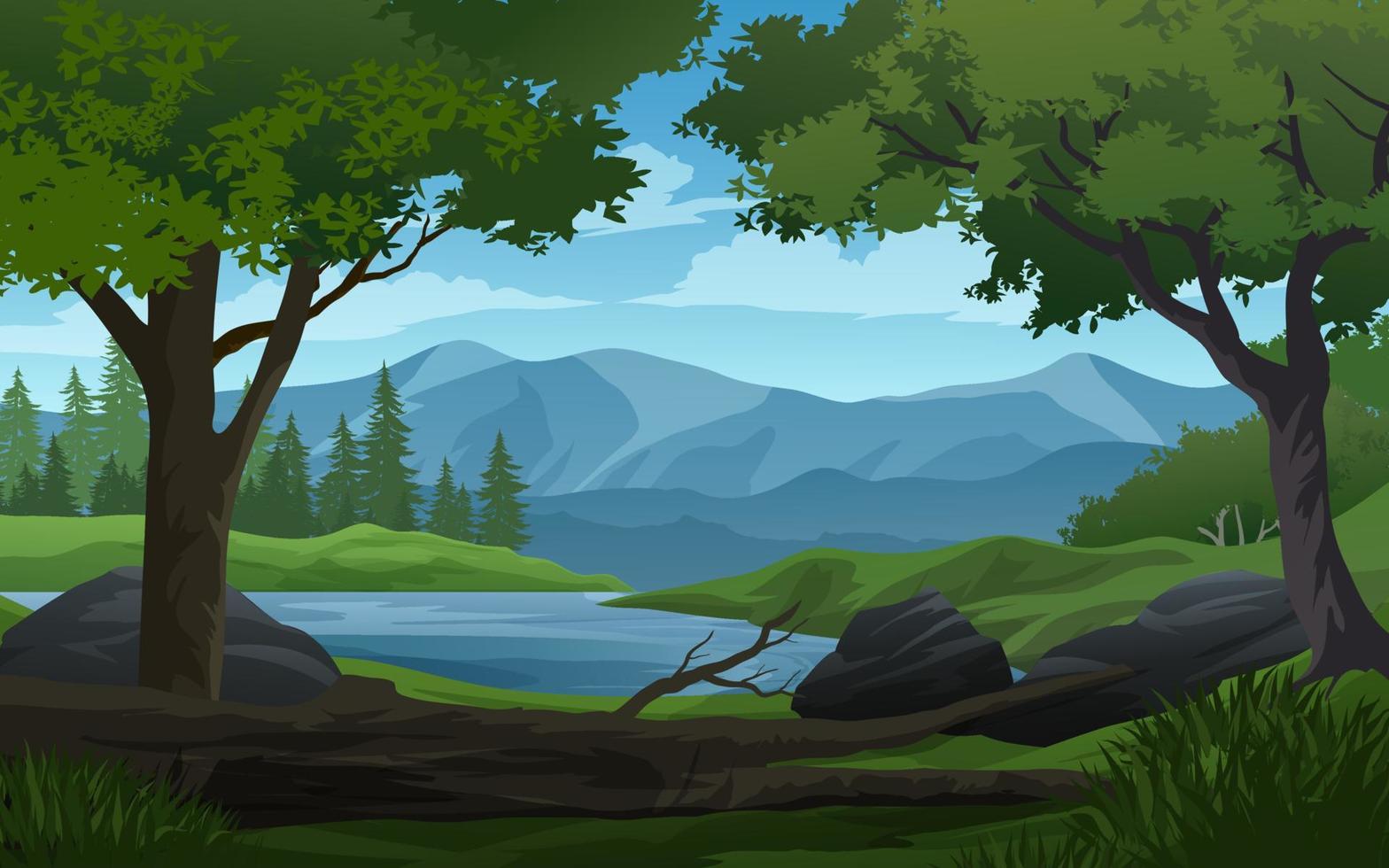 paisaje de río y bosque con árbol muerto de montaña vector