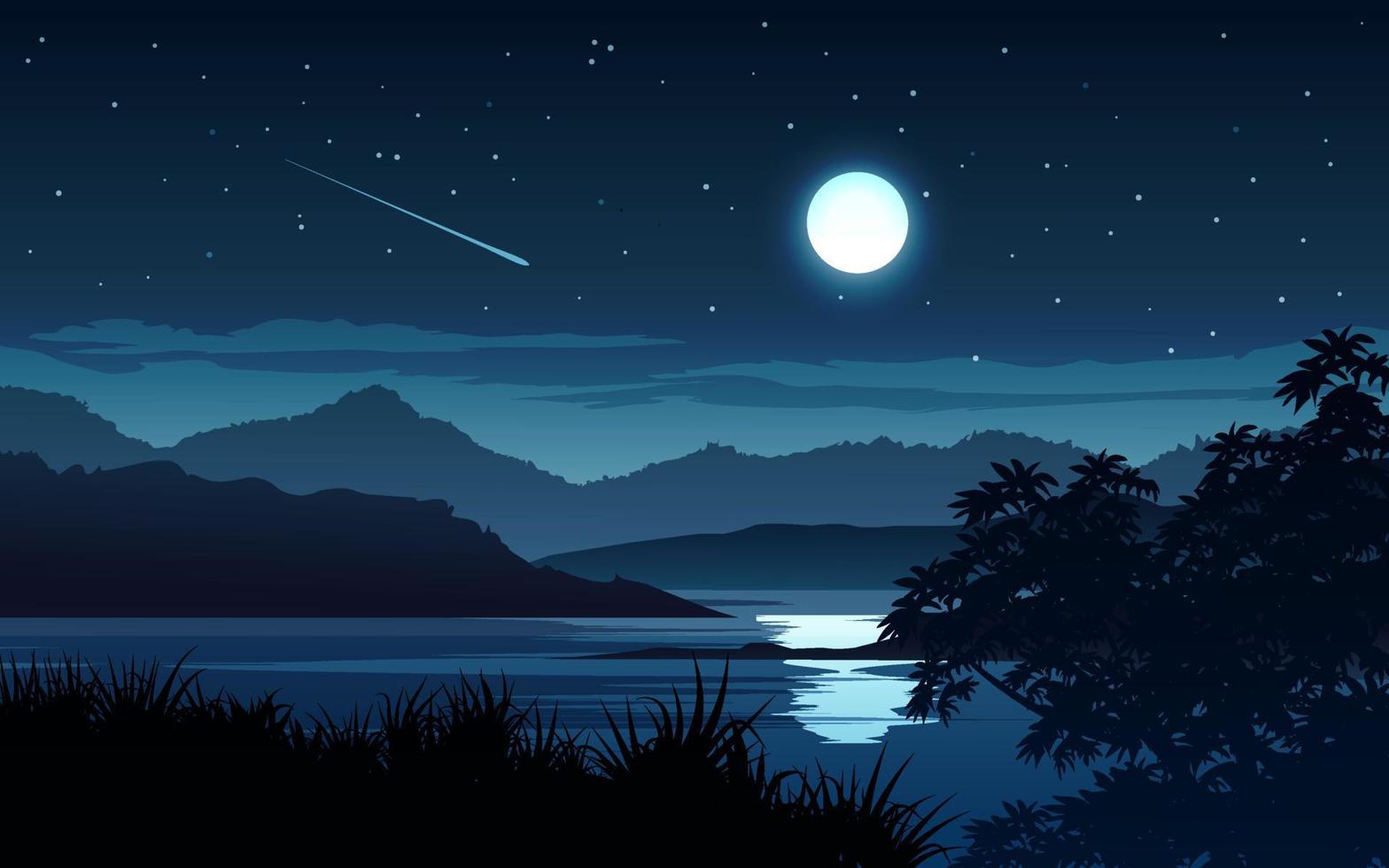 escena nocturna con luna llena brillante en el lago vector