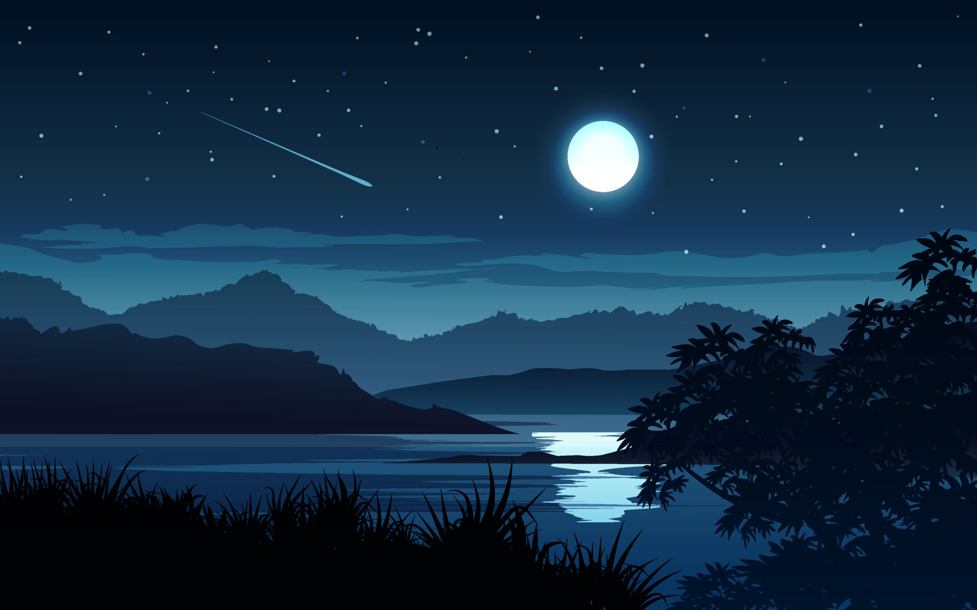 Night Time Scene With Bright Full Moon At Lake 5732461 Vector Art At