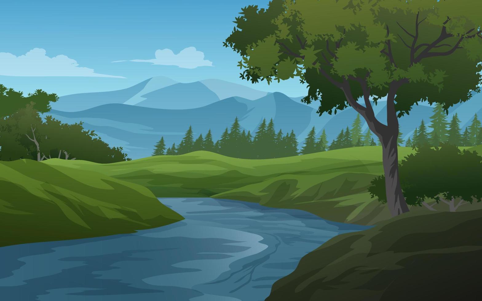 Nature landscape with mountains and a tree by river vector