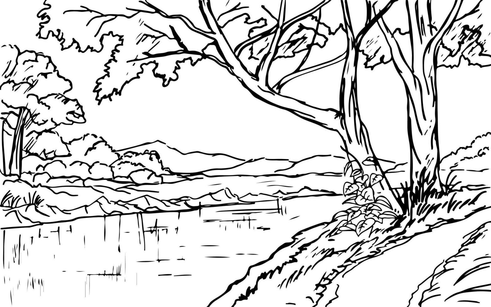 paisaje de bosque rural con ilustración de bosquejo de río vector