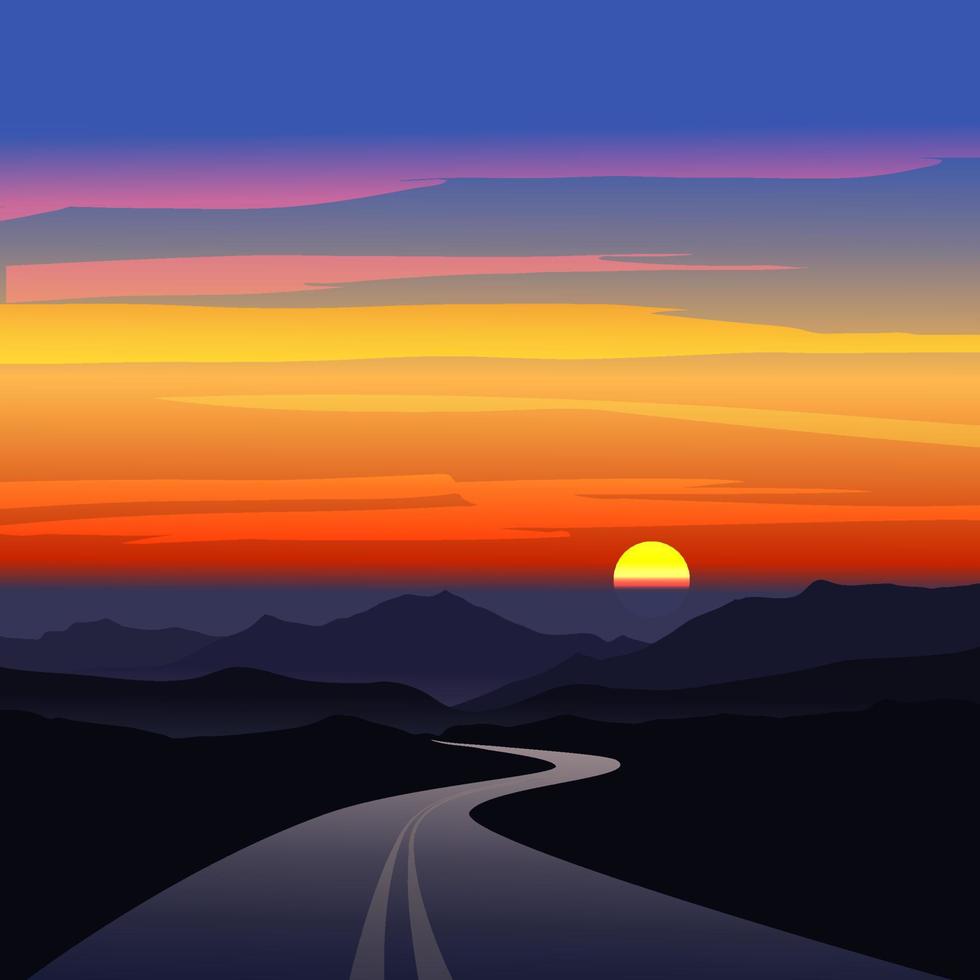 paisaje de puesta de sol con camino vacío en el desierto con montañas vector