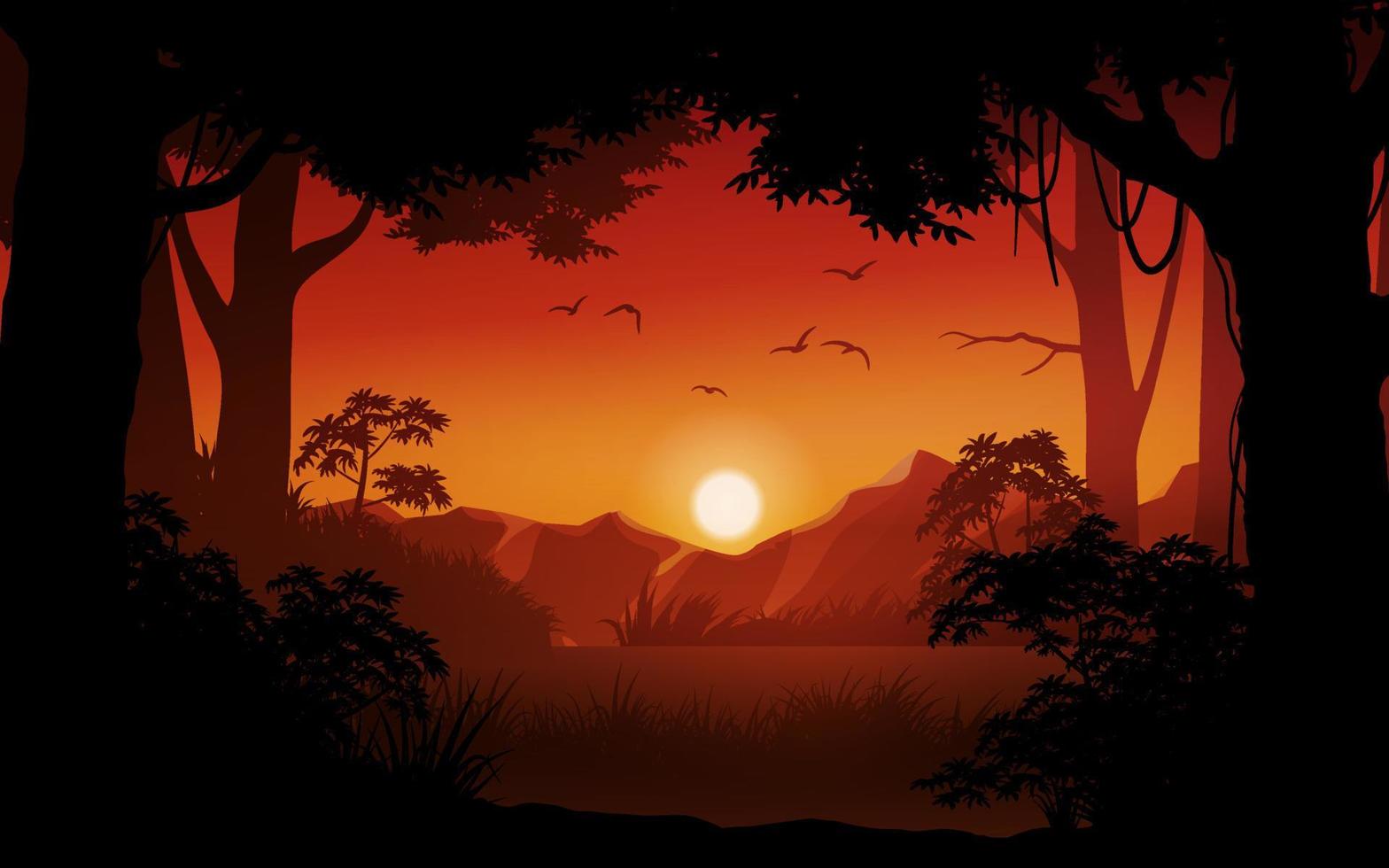 Sunset scene in forest. Glowing forest sky. Sunset silhouette landscape vector