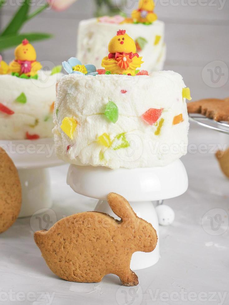 Easter background. Happy Easter eggs in the nest. Easter eggs. Creative Easter. Rabbit. Cookies. copy space photo