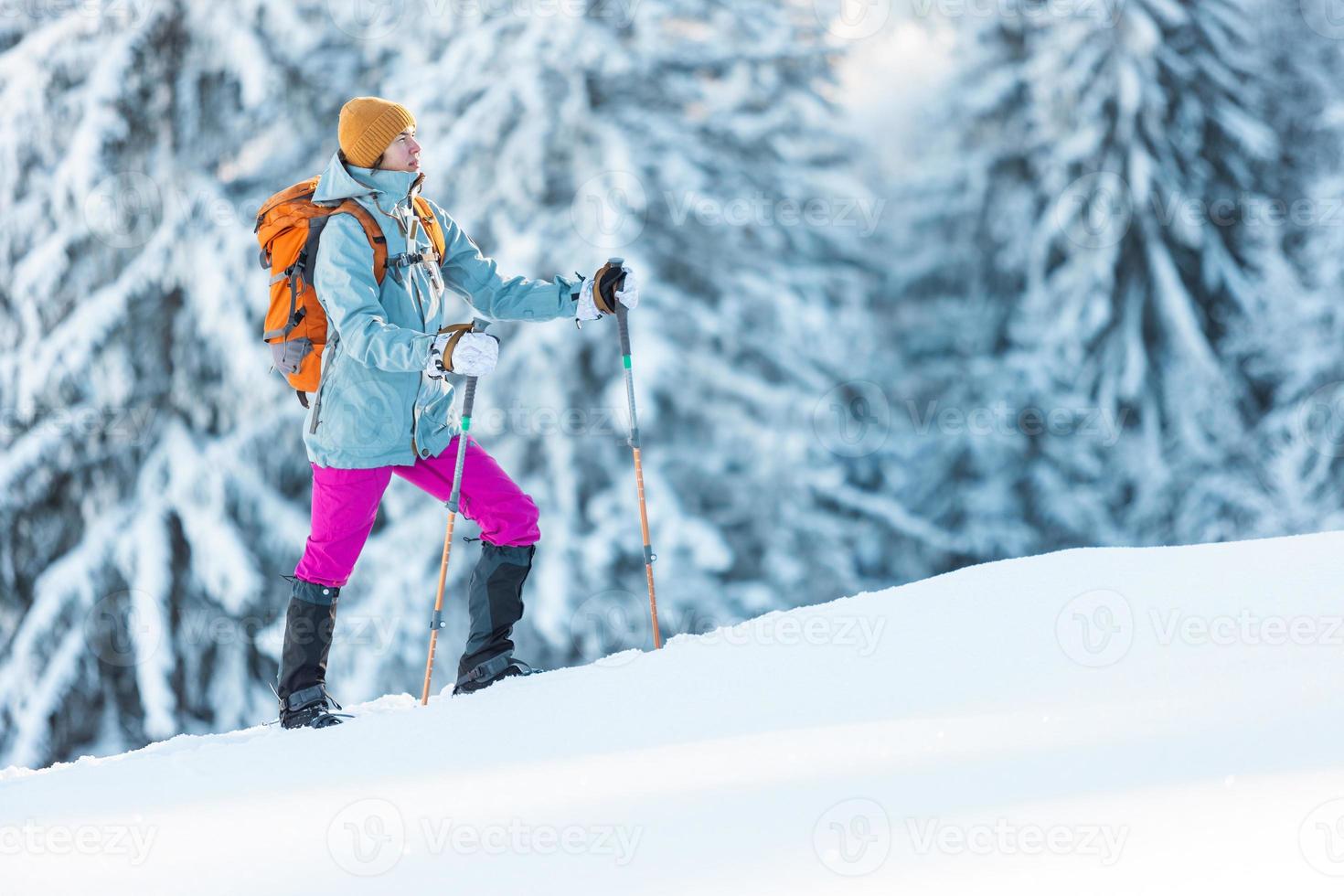 A hiker walks in snowshoes in the snow photo