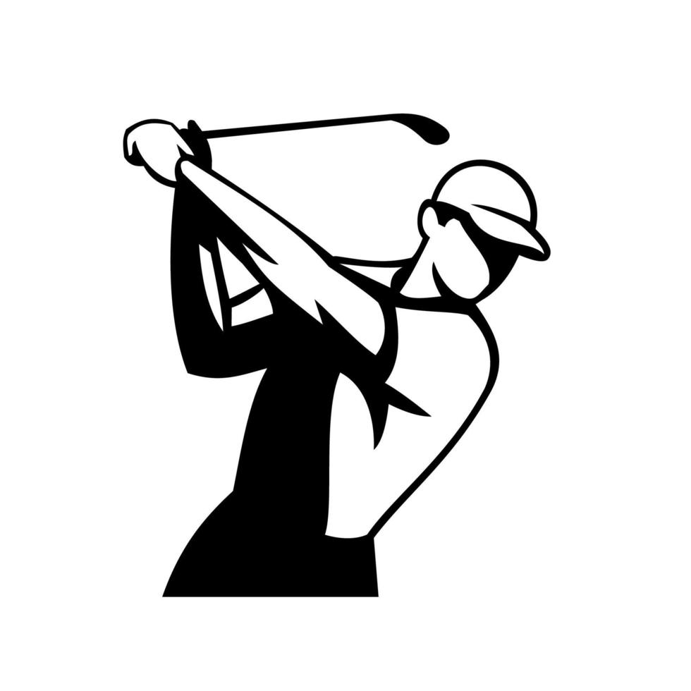 golfista balanceándose club de golf vista frontal mascota retro en blanco y negro vector