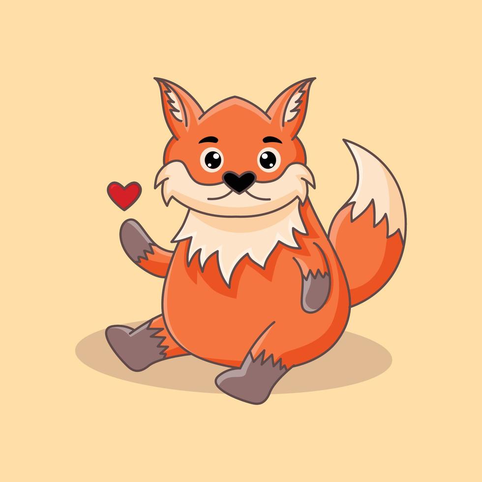 Cartoon cute fox, wild forest animal carrying heart icon, vector illustration