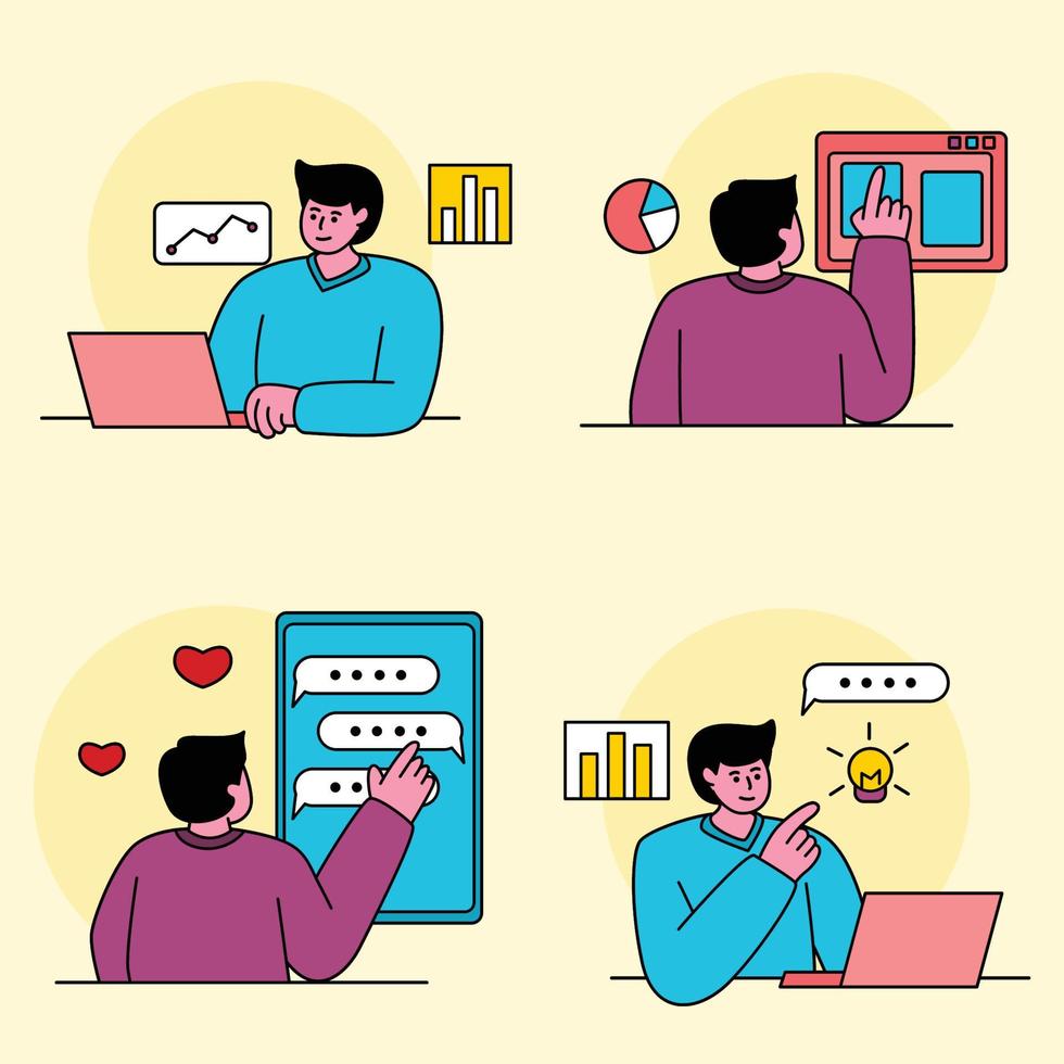 ilustración del concepto de negocio, hombre que trabaja en la oficina con actividad empresarial, concepto moderno ilustración web plana, ilustración vectorial vector