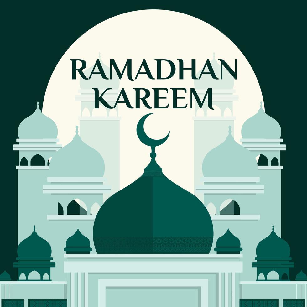 saludo de ramadán kareem, ilustración de mezquita cuadrada de fondo de publicación de alimentación con luz de luna vector