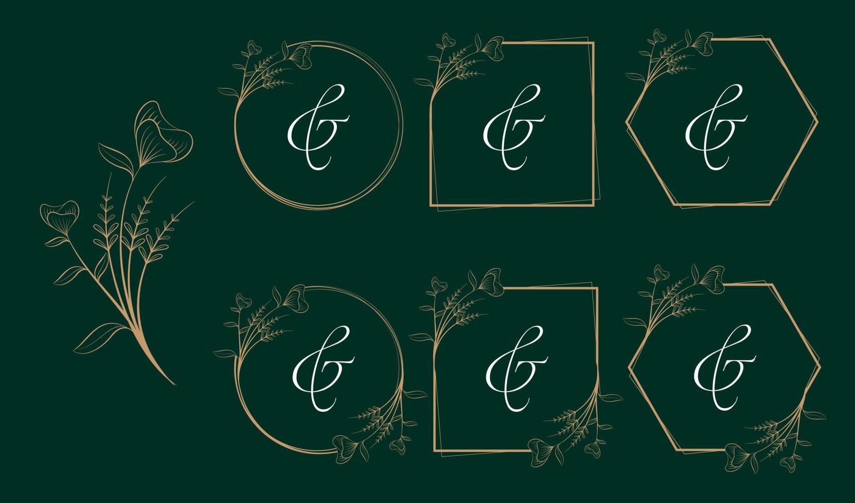 Wedding logo, couple invitation frame, floral monogram vector