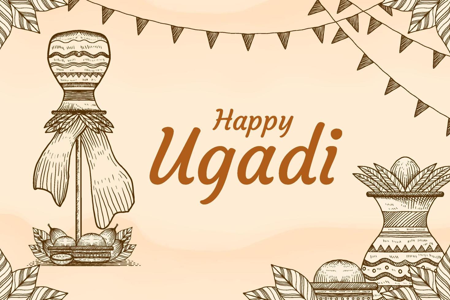 feliz ugadi dibujado a mano ilustración cartel de banner vector