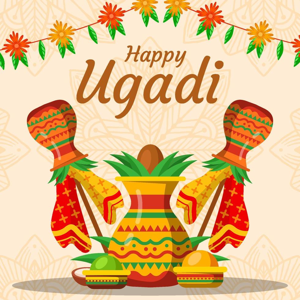 diseño plano feliz ugadi con guirnalda ilustración vector