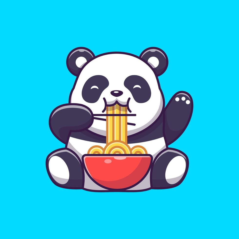 lindo panda comiendo fideos con ilustración de icono de vector de dibujos animados de palillos. concepto de icono de comida animal vector premium aislado. estilo de dibujos animados plana