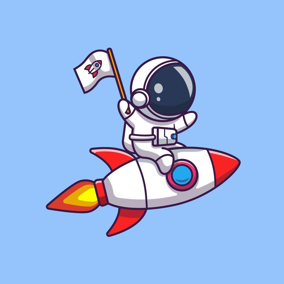 lindo astronauta montando cohete y sosteniendo la ilustración del icono del vector de dibujos animados de la bandera. ciencia tecnología icono concepto aislado vector premium. estilo de dibujos animados plana