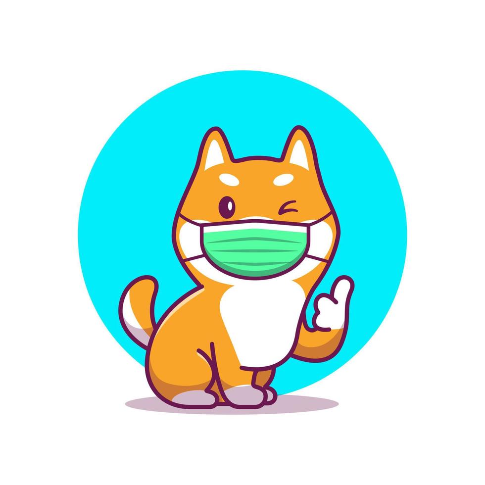 Cute Shiba Inu Dog Wearing Medical Mask With Thumbs Up  Cartoon Vector Icon Illustration. Animal Healthy Icon Concept  Isolated Premium Vector. Flat Cartoon Style