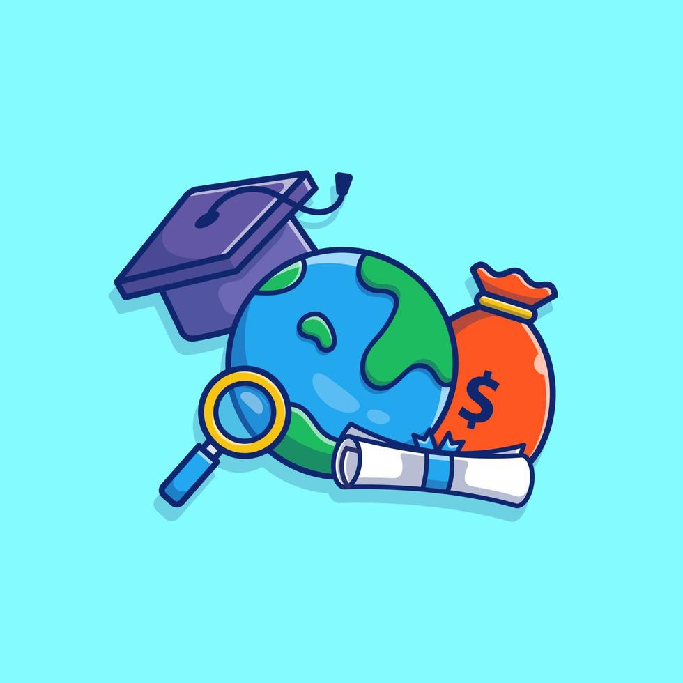 beca, gorra de graduación, mundo, certificado y bolsa de dinero ilustración de icono de vector de dibujos animados. concepto de icono financiero de educación vector premium aislado. estilo de dibujos animados plana