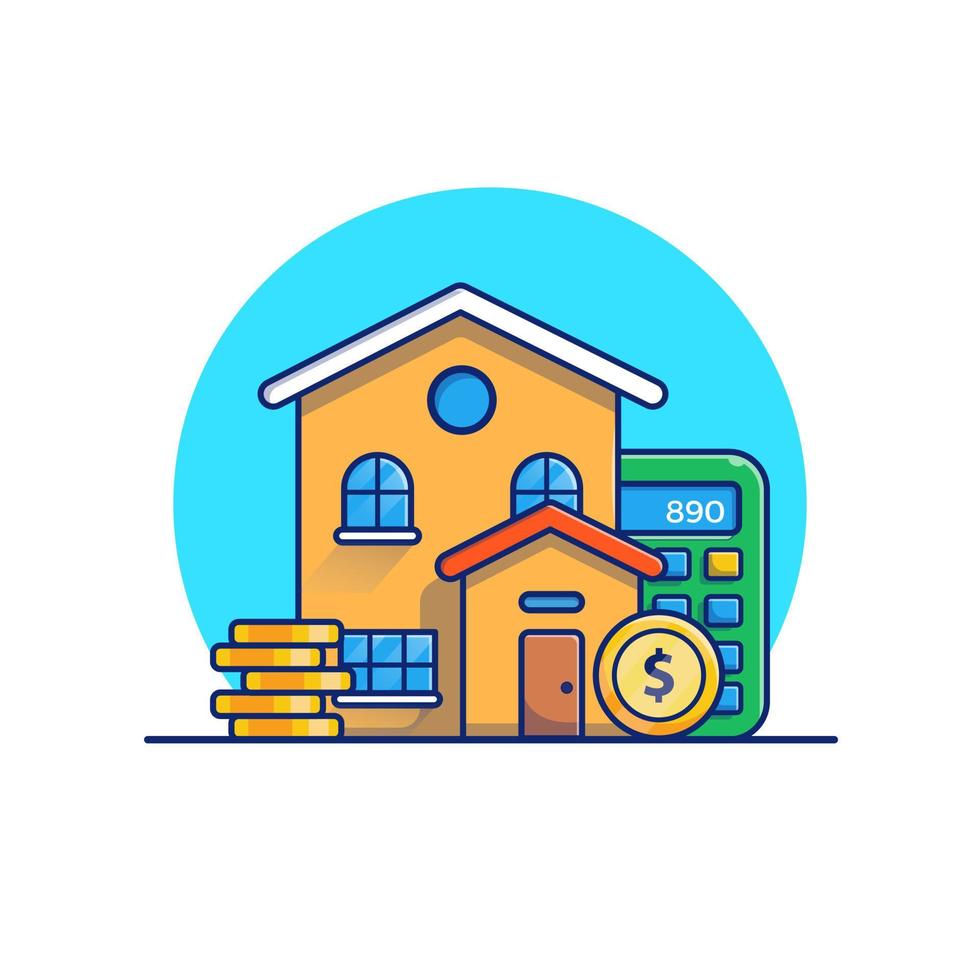 House, Gold Coin And Calculator Cartoon Vector Icon  Illustration. Building Finance Icon Concept Isolated Premium  Vector. Flat Cartoon Style