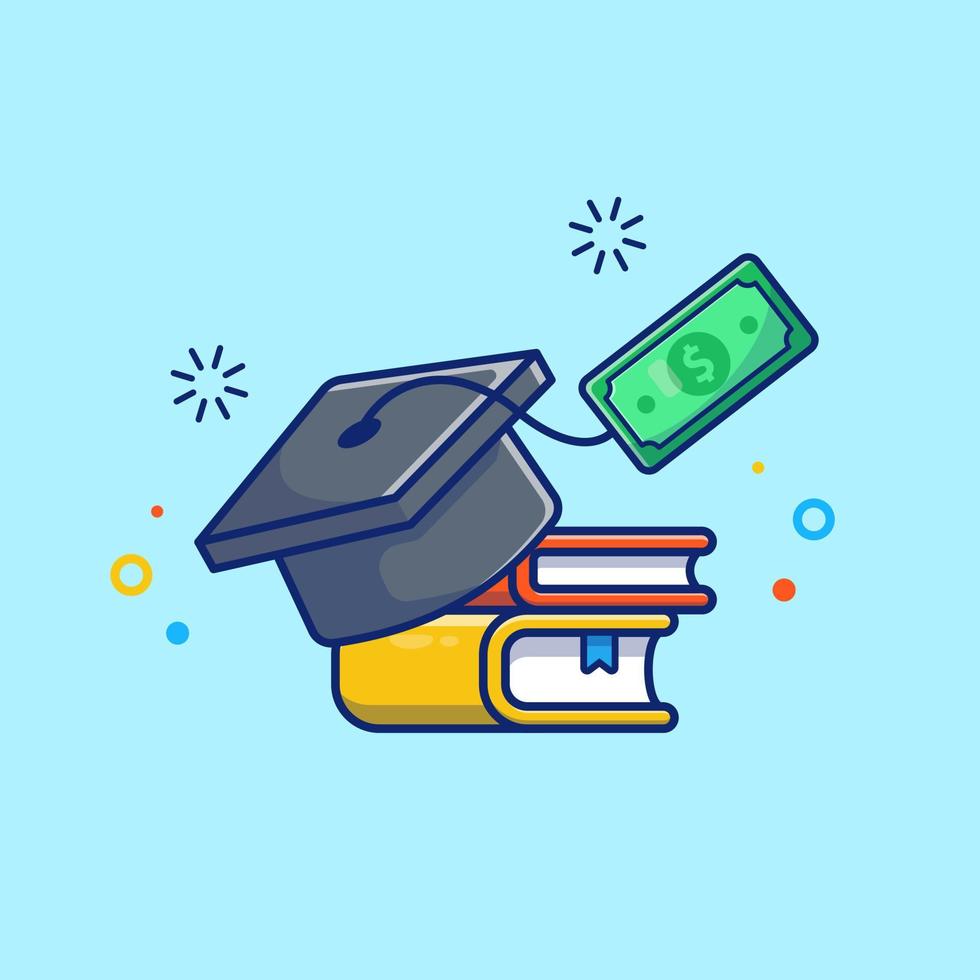 Scholarship, Graduation Cap, Money And Books Cartoon  Vector Icon Illustration. Education Financial Icon Concept  Isolated Premium Vector. Flat Cartoon Style