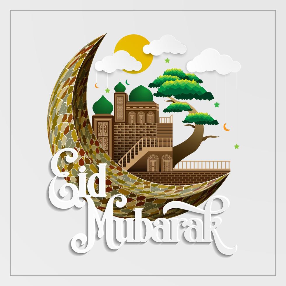 Eid Mubarak Greeting islamic Illustration Background Vector design with beautiful mosque and arabic calligraphy for card, banner, wallpaper, brosur, decoration, cover and flyer