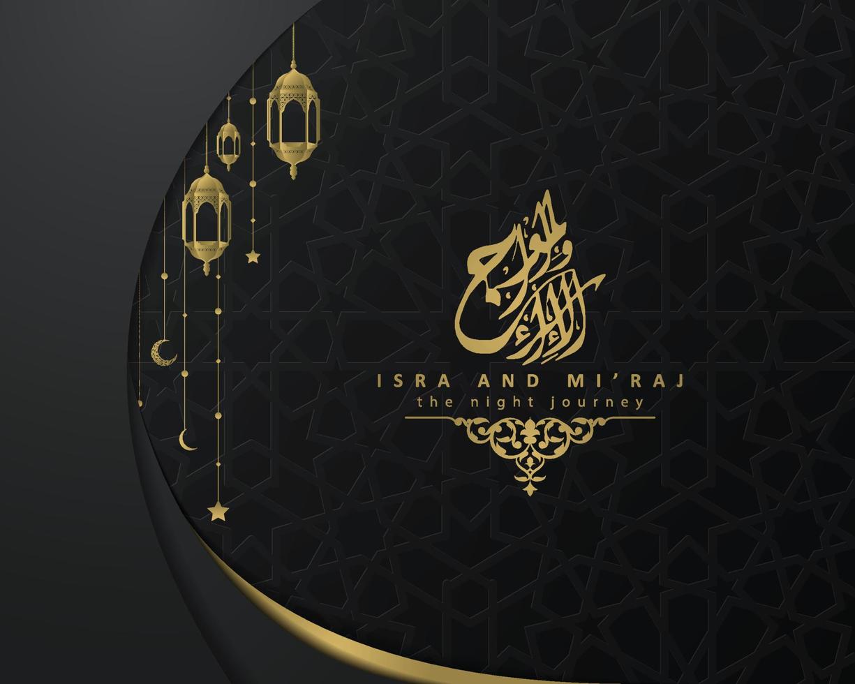 Isra Mi'raj greeting card islamic floral pattern vector design with glowing arabic calligraphy for background, wallpaper, banner. Translation of text two parts of Prophet Muhammad's Night Journey.