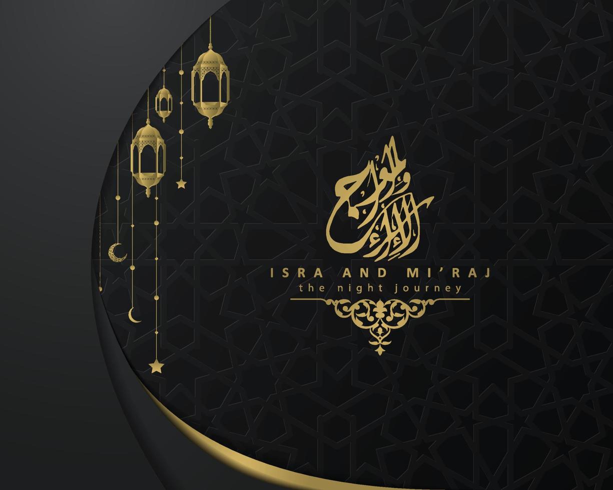 isra mi'raj tarjeta de felicitación diseño de vector de patrón floral islámico con caligrafía árabe brillante para fondo, papel tapiz, banner. traducción del texto dos partes del viaje nocturno del profeta muhammad.