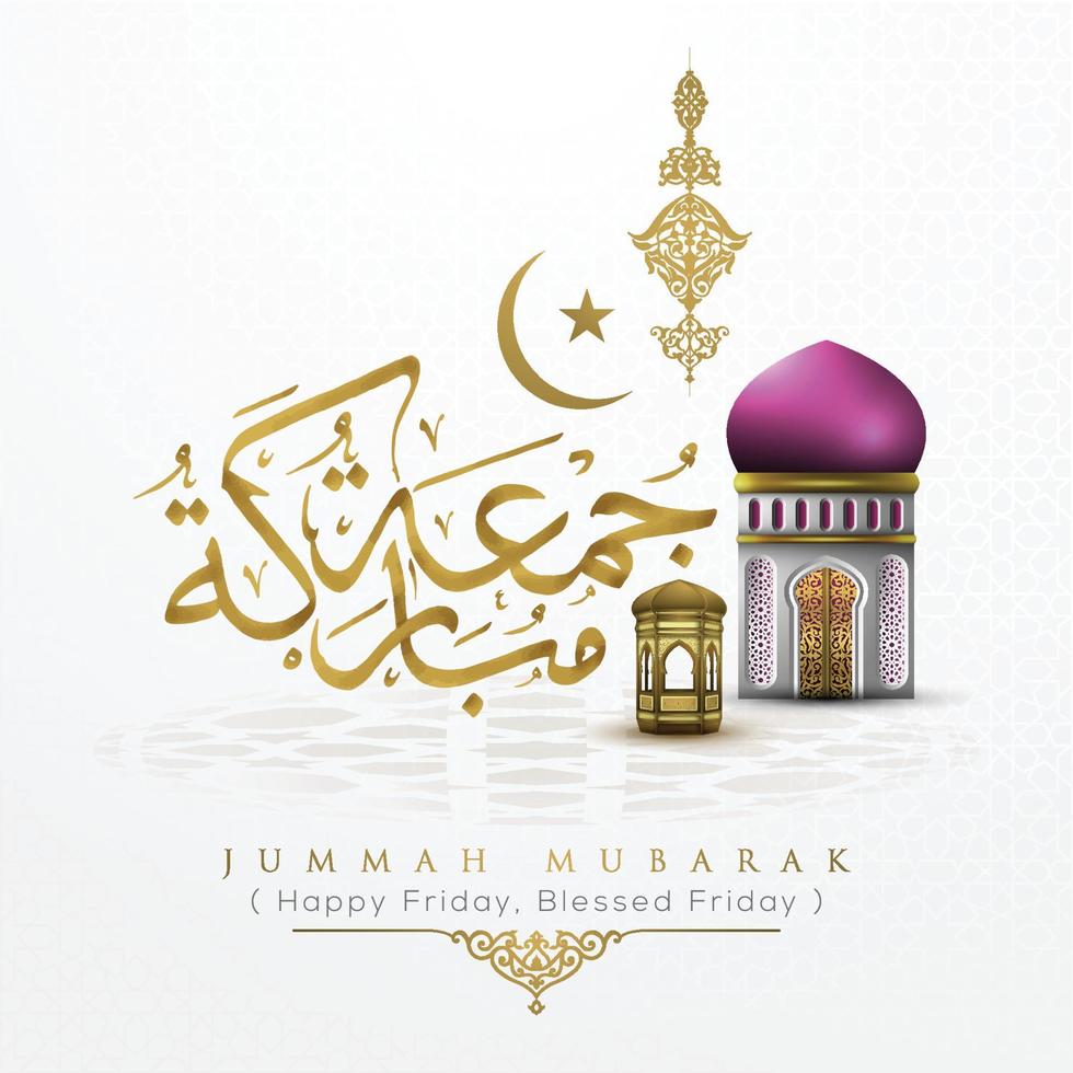 Jummah Tayibah glowing gold arabic calligraphy with floral pattern vector design and mosque. also can used for card, background, banner and cover, wallpaper. the mean is  Blessed Friday, Happy Friday