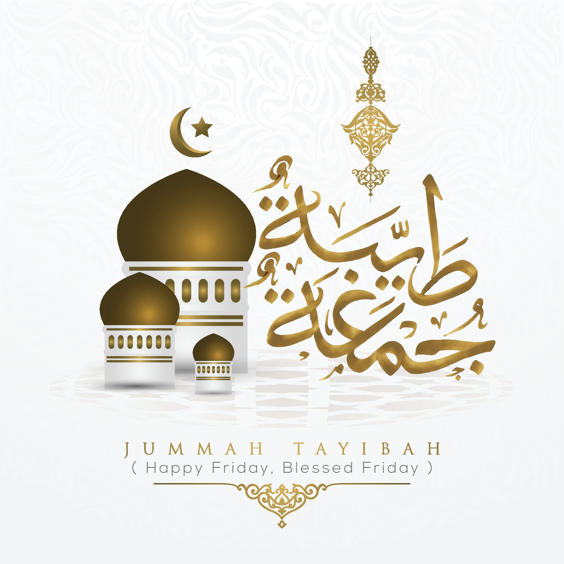 Jummah Tayibah glowing gold arabic calligraphy with floral pattern vector  design and mosque. also can used for card, background, banner and cover,  wallpaper. the mean is Blessed Friday, Happy Friday 5734659 Vector