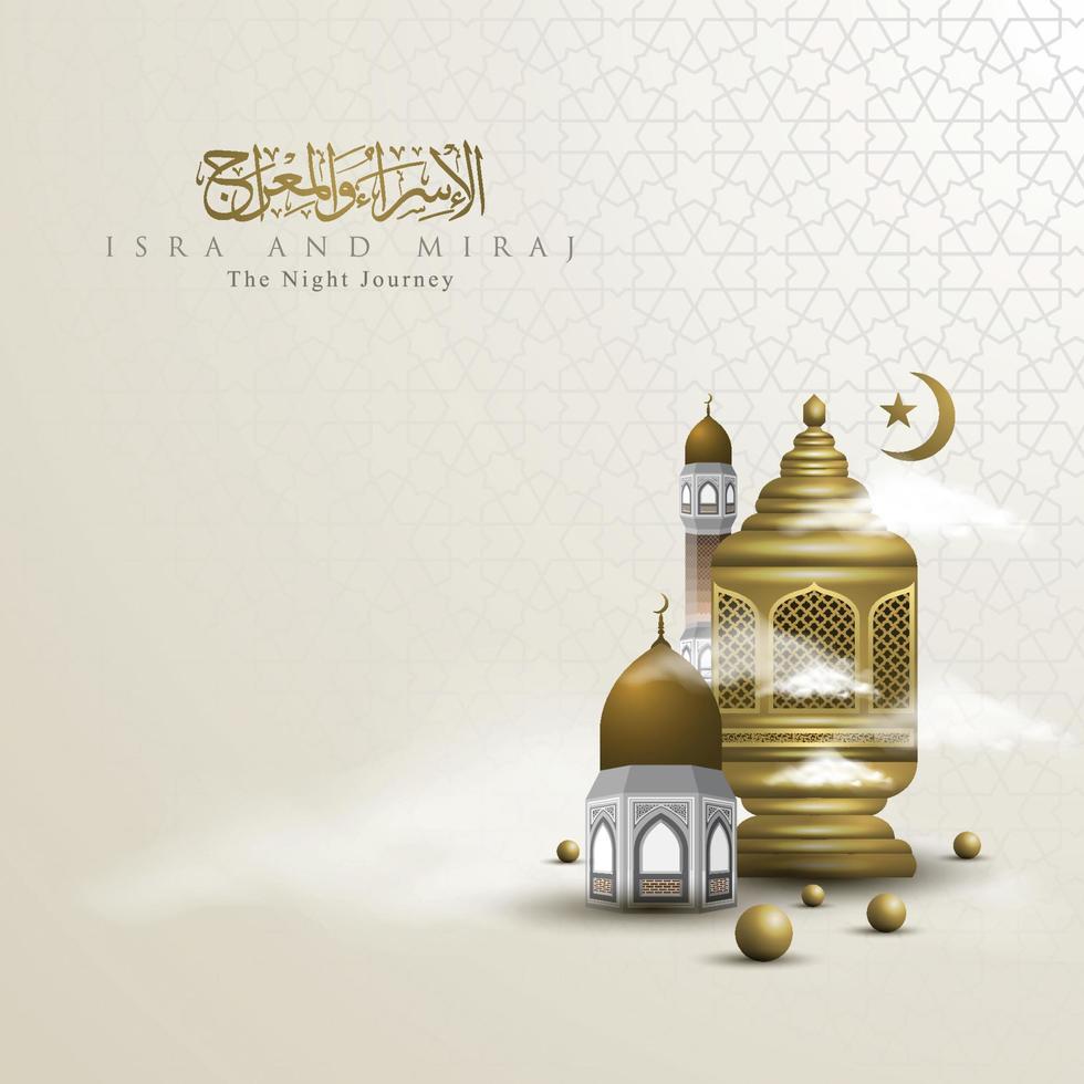 Isra and mi'raj greeting islamic illustration vector design with mosque, moon, clouds and islamic arabic calligraphy mean two parts of Prophet Muhammad's Night Journey for background and banner