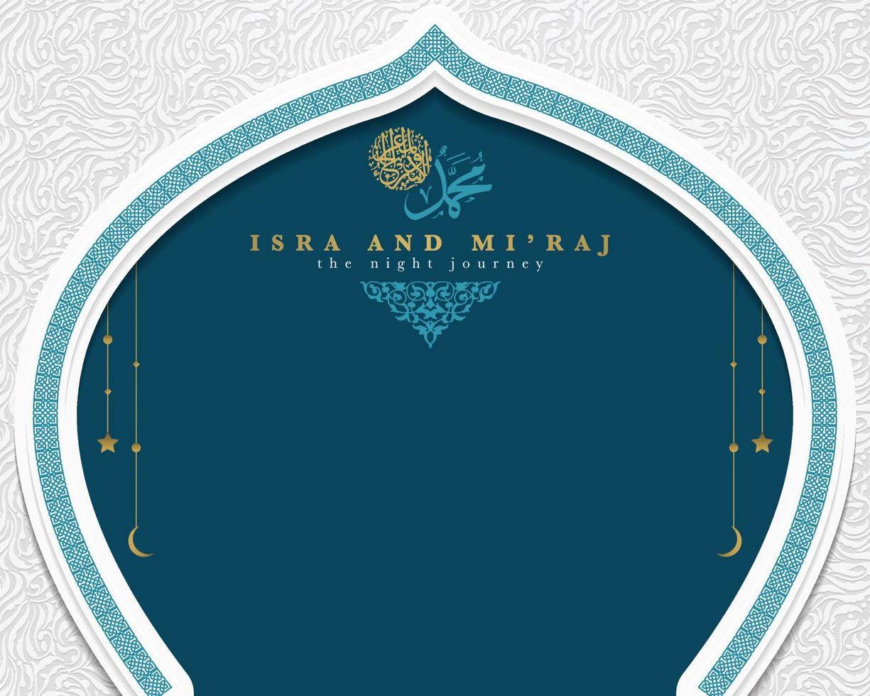 Isra Mi'raj greeting card islamic floral pattern vector design with glowing arabic calligraphy for background, wallpaper, banner. Translation of text two parts of Prophet Muhammad's Night Journey.
