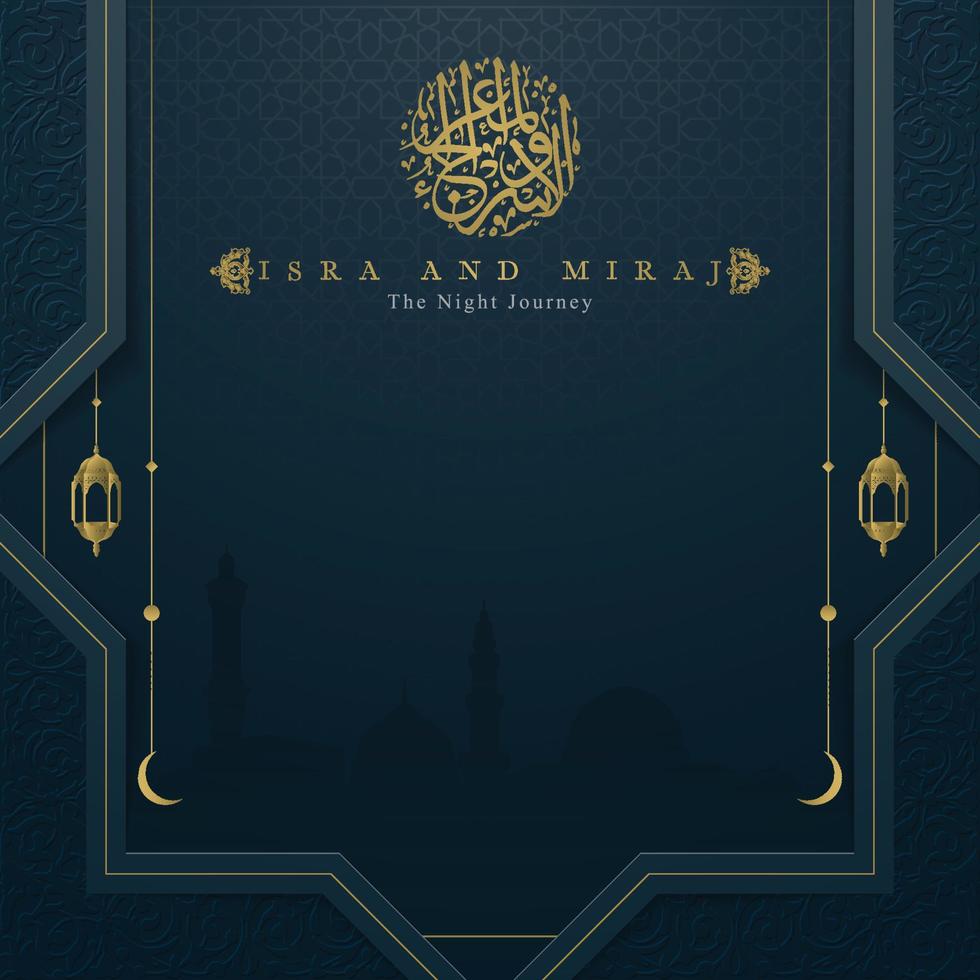 Isra Mi'raj greeting card islamic floral pattern vector design with glowing arabic calligraphy for background, wallpaper, banner. Translation of text  two parts of Prophet Muhammad's Night Journey.