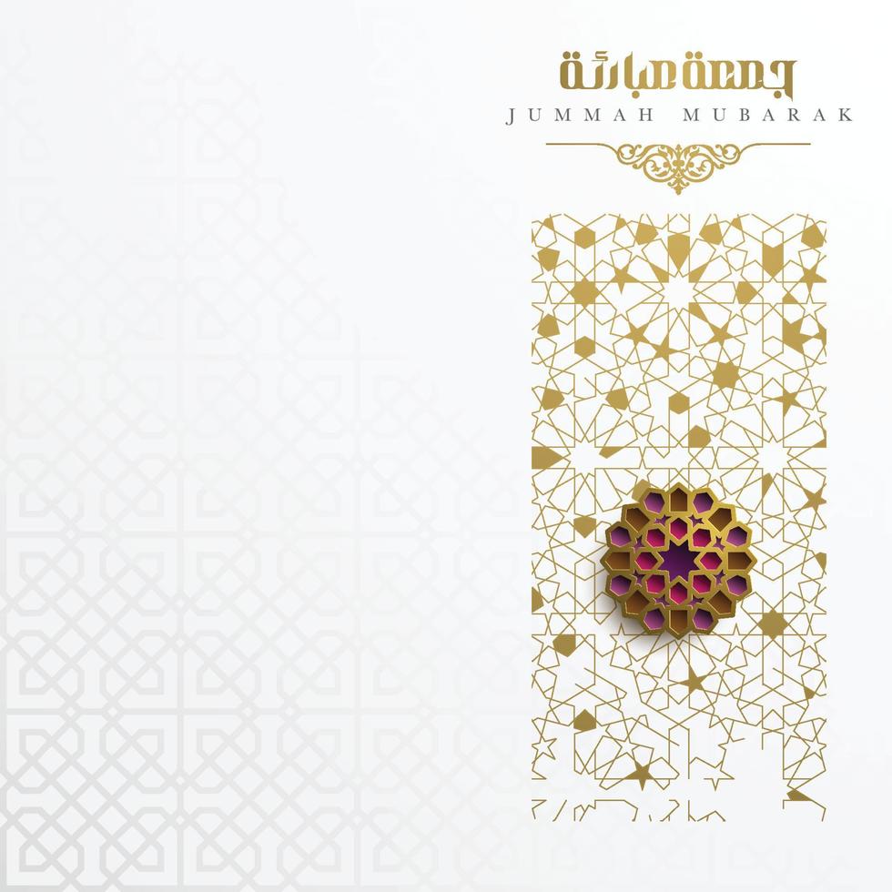 Jummah Tayibah glowing gold arabic calligraphy with floral pattern vector design and mosque. also can used for card, background, banner and cover, wallpaper. the mean is  Blessed Friday, Happy Friday