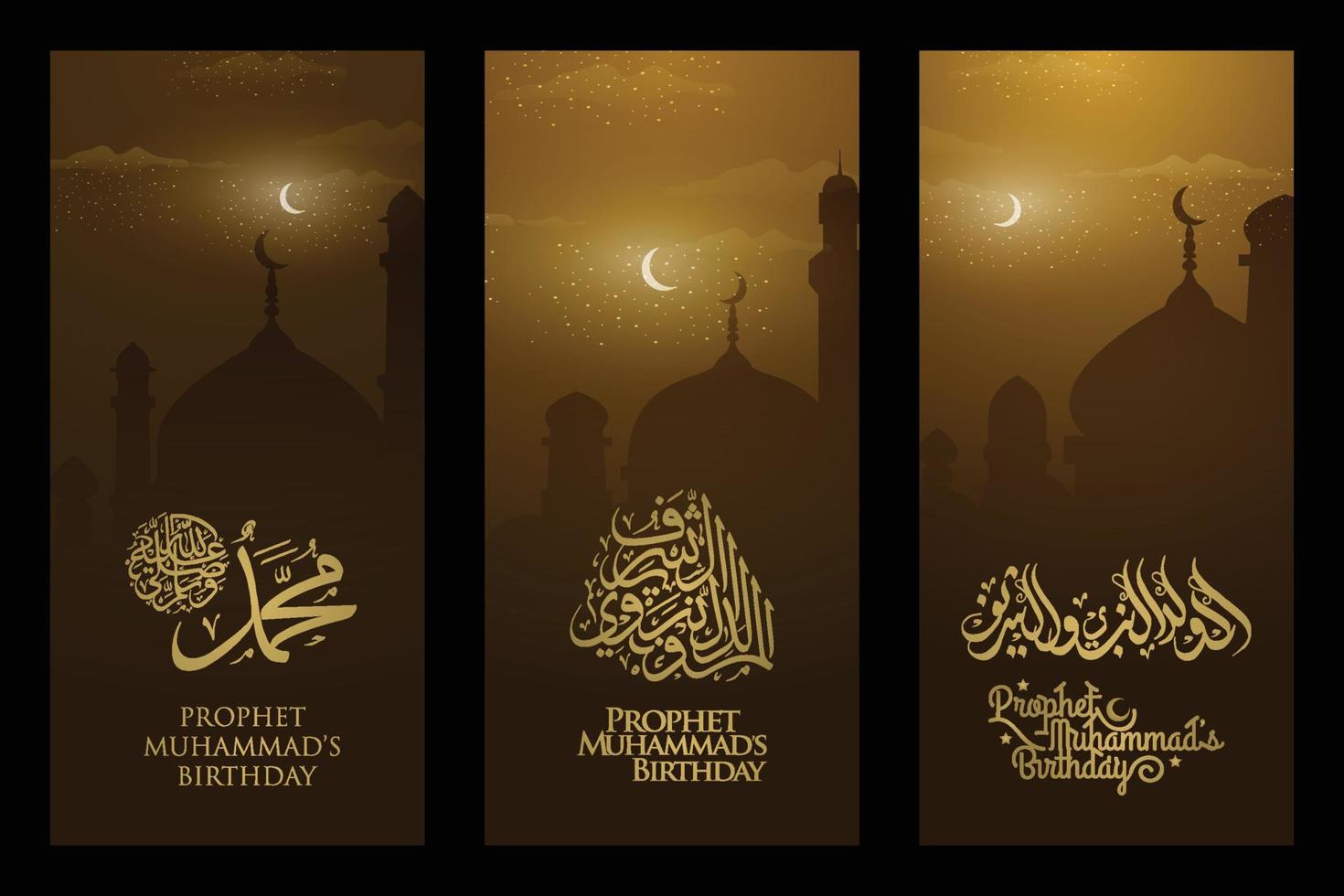 three sets Mawlid Al-Nabi Greeting islamic illustration background vector design with arabic calligraphy and mosque for card, banner, wallpaper, cover. the mean is Prophet Muhammad's Birthday