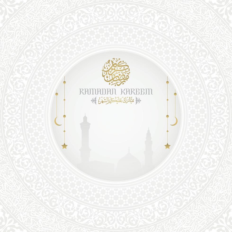 Ramadan Kareem Greeting Card Islamic Floral Pattern vector design with beautiful arabic calligraphy for background, wallpaper, banner, cover, flyer. translation of text Blessed Festival