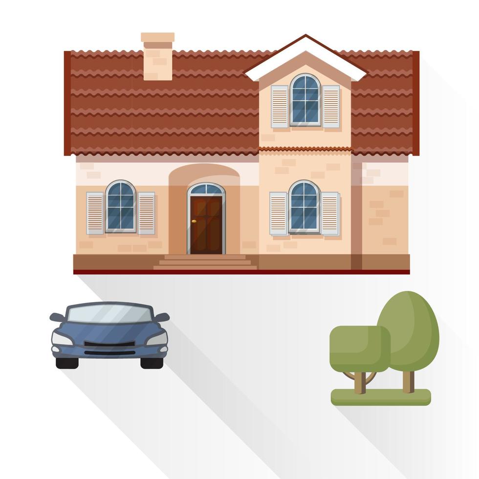 Living House, Car and Trees on White Background. Vector. vector