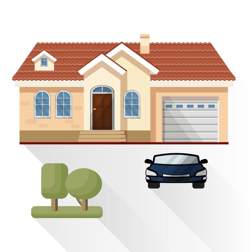 Living House, Car and Trees on White Background. Vector. vector