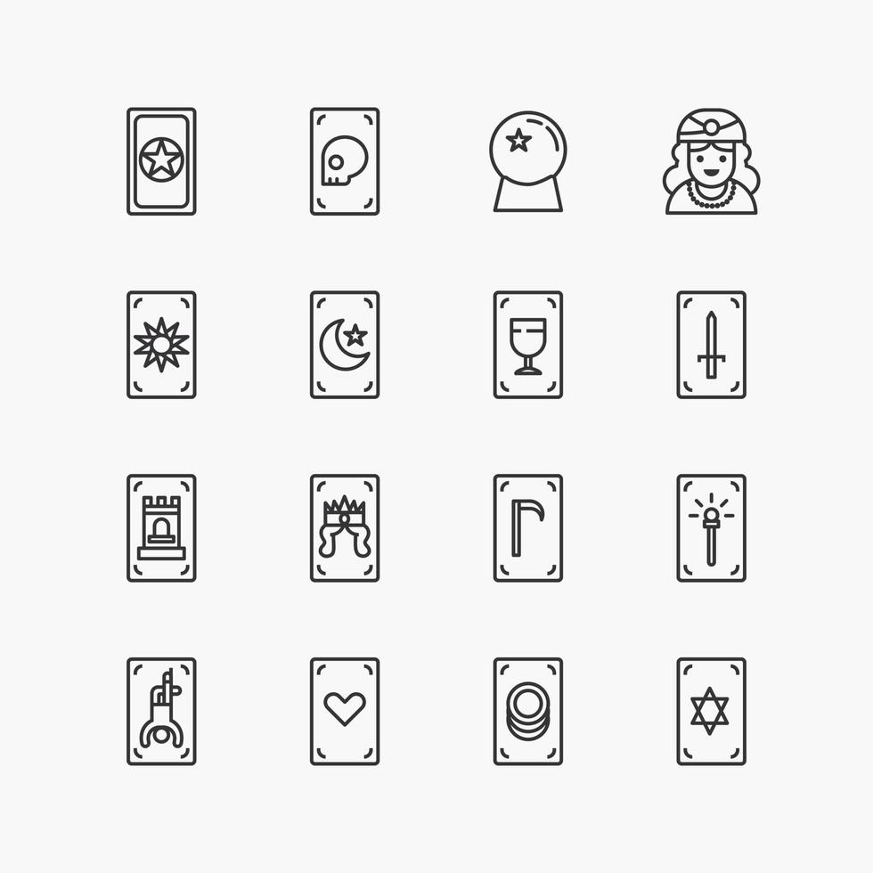 paquete de colección de iconos de línea plana de cartas del tarot. vectores de diseño sencillo
